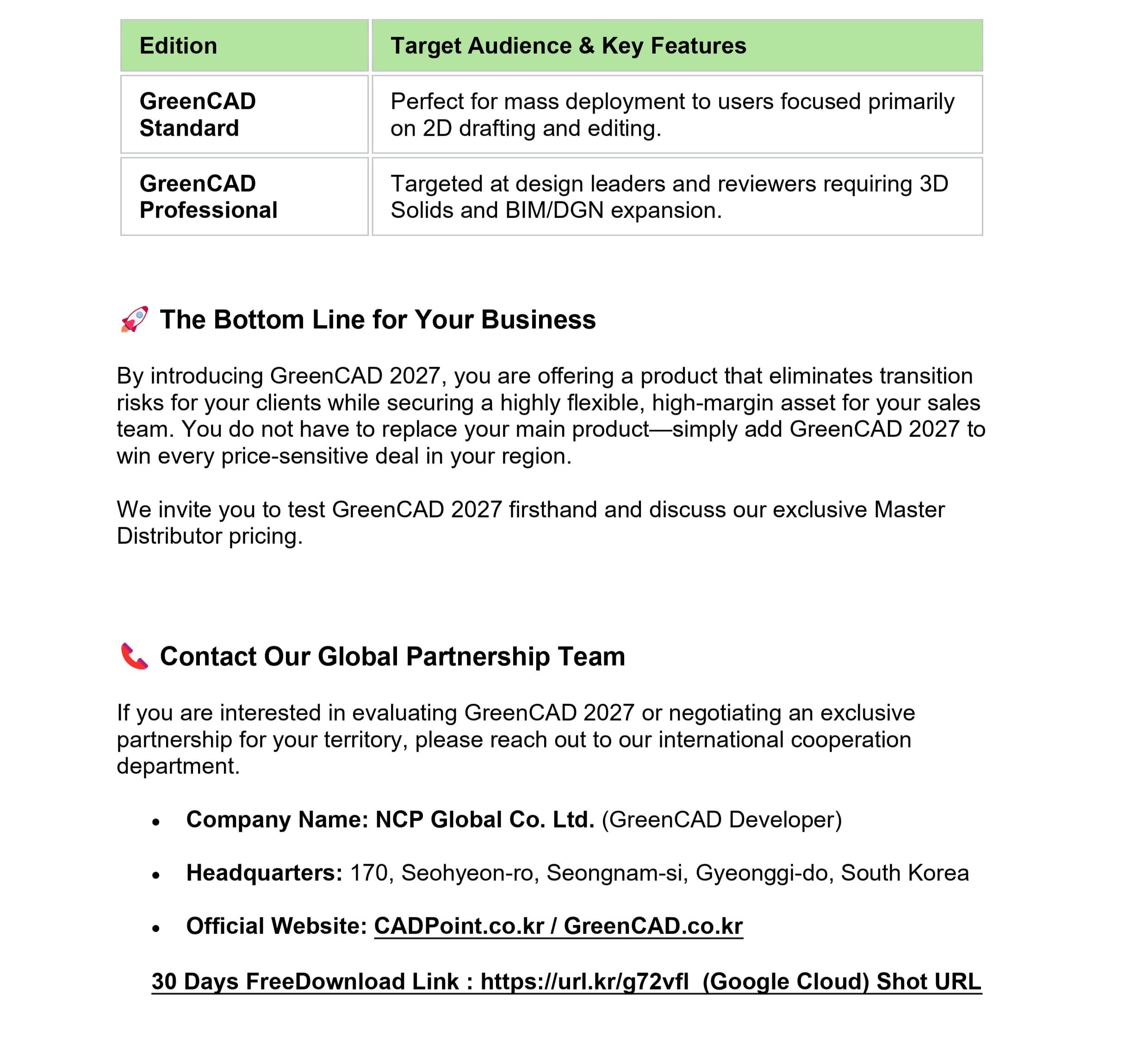GreenCAD 2027 English partner proposal page, section 6 of 6